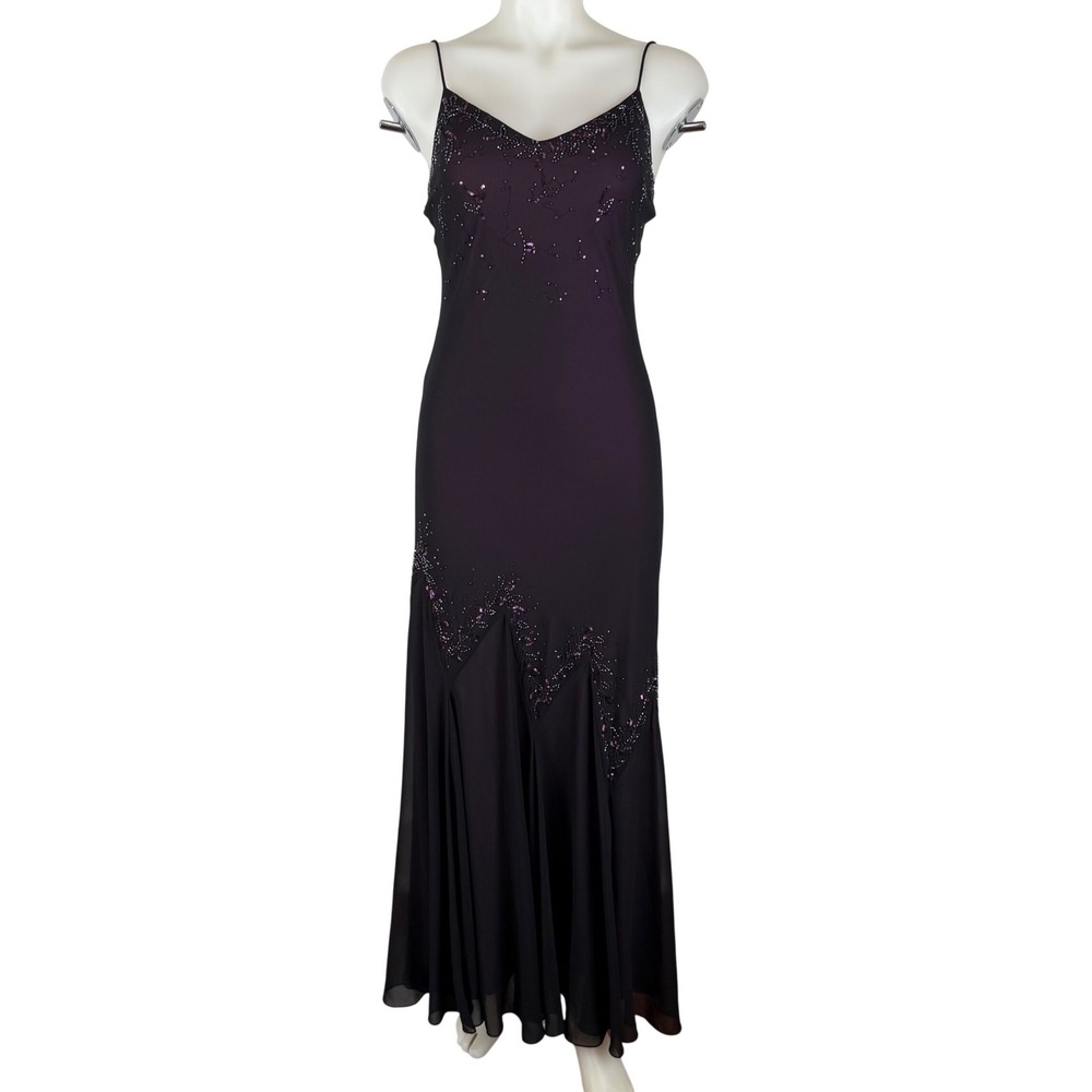 Plum Purple Chiffon Handkerchief Hem Sequin Beaded Evening Gown Dress FLAWS
